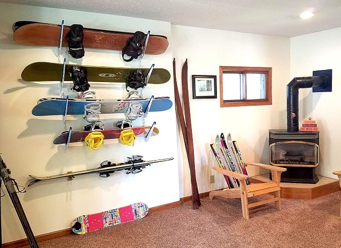 StoreYourBoard Ski & Snowboard Rack, Adjustable Wall Mount Rack Storage System for 4 Boards, Heavy-Duty Garage Wall Organizer for Ski & Snowboards (Snowboard - White)