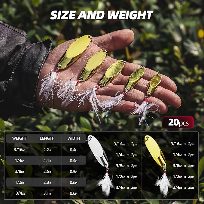 Jigging Spoon Fishing Lures 20/40PCS Kit – Metal Casting Spoon Lure Set with Treble Hooks, Mixed Sizes Spinner Baits for Saltwater & Freshwater Trout, Salmon, Bass