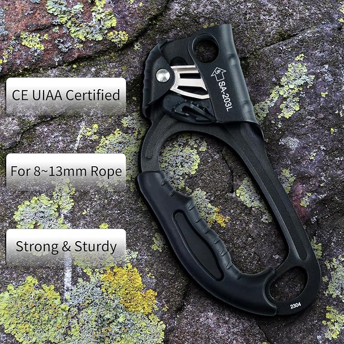 UIAA & CE Certified Climbing Rappelling Equip Hand Ascender Left Right Hand for 8-13mm Rope 4kN