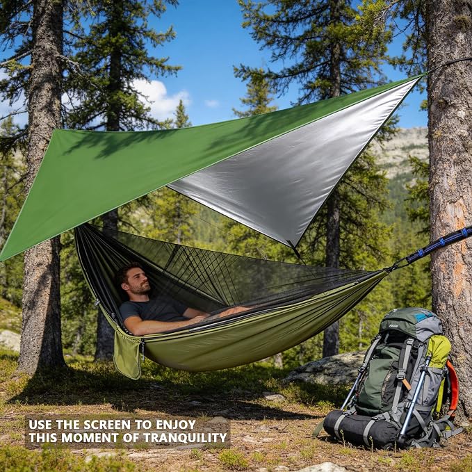 Camping Hammock with Rain Fly Tarp Mosquito Net Heavy Duty Tree Straps Portable Double Parachute Hammock Tent Waterproof Rainfly Set 660lbs Maximum Weight
