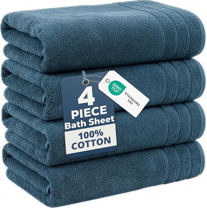 Casa Platino Bath Sheet Set, 4 Pack (36"x 72"), Hotel Towels, 100% Ring Spun Cotton Bath Sheets, Absorbent Towels, Quick Dry, Soft Towel - Steel Blue