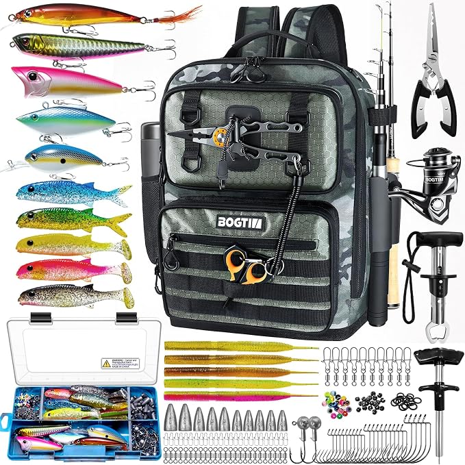 Fishing Backpack with Tackle Boxes and Rod Holders, Fishing Bag wtih Fishing Lure Kit Water-resistant Sling Tackle Bag Store Gear and Equipment, Bait Gifts for Men Woman Anglers-Green Camo Backpack