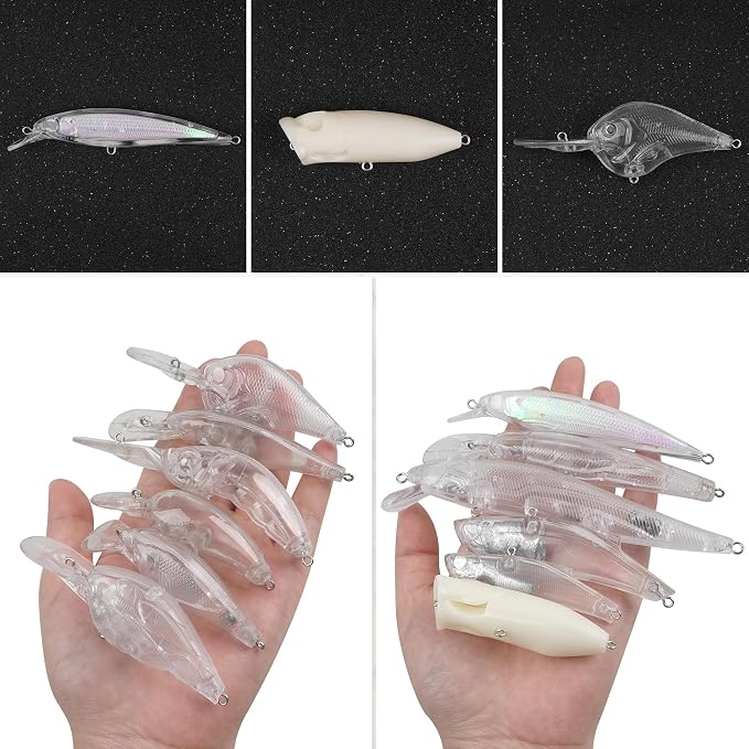 Blank Fishing Lure Kit,Unpainted Popper Plug Lures DIY Crank Bait Set Fishing Pliers Treble Hooks 3D/4D Lure Eyes Bait Sticker Split Rings,Fish Tackle Accessories Kits