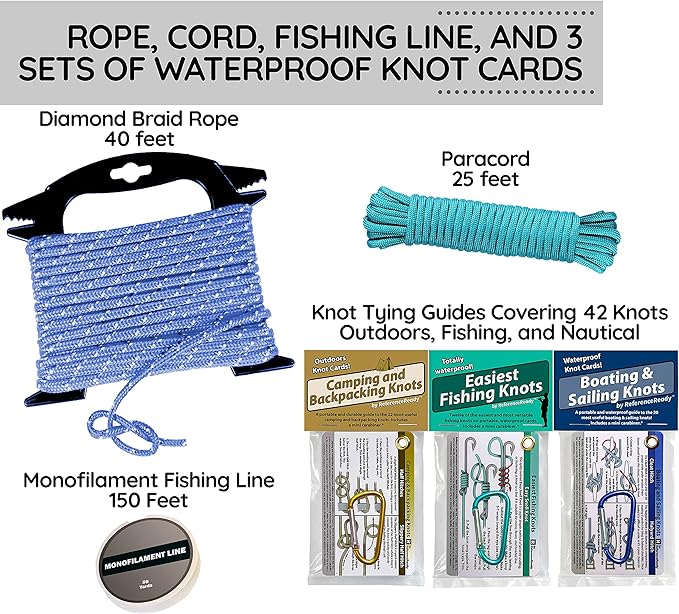 ReferenceReady Deluxe Knot Tying Kit with Rope, Cord, Fishing Line, and 3 Knot Tying Guides (Outdoors, Fishing, Boating) for Preppers and Survivalists