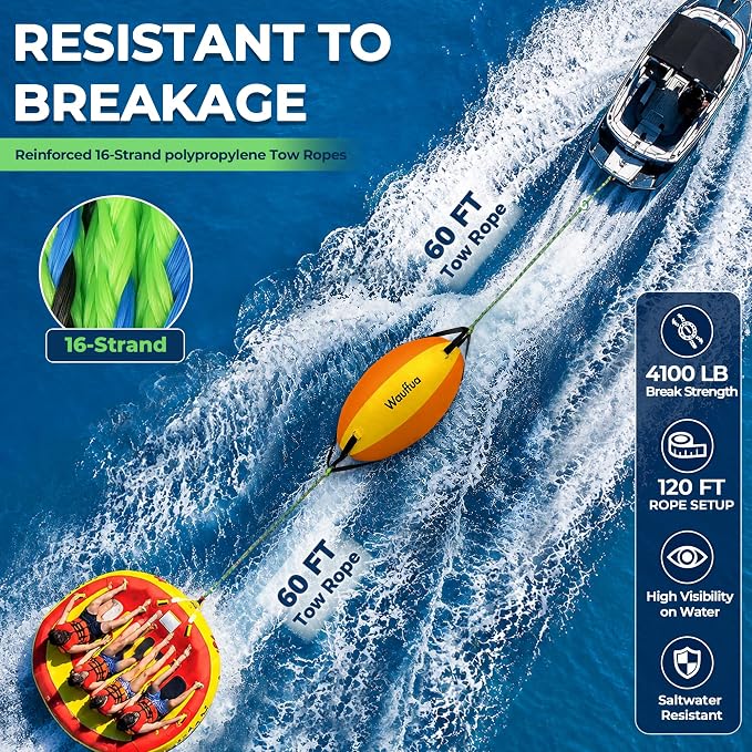 Towable Tube Rope Booster Ball, Tow Rope for Boat Tubing, 2 x 60 ft Rope for Lift and Visibility with 4100lb Break Strength for Boating, Water Sports