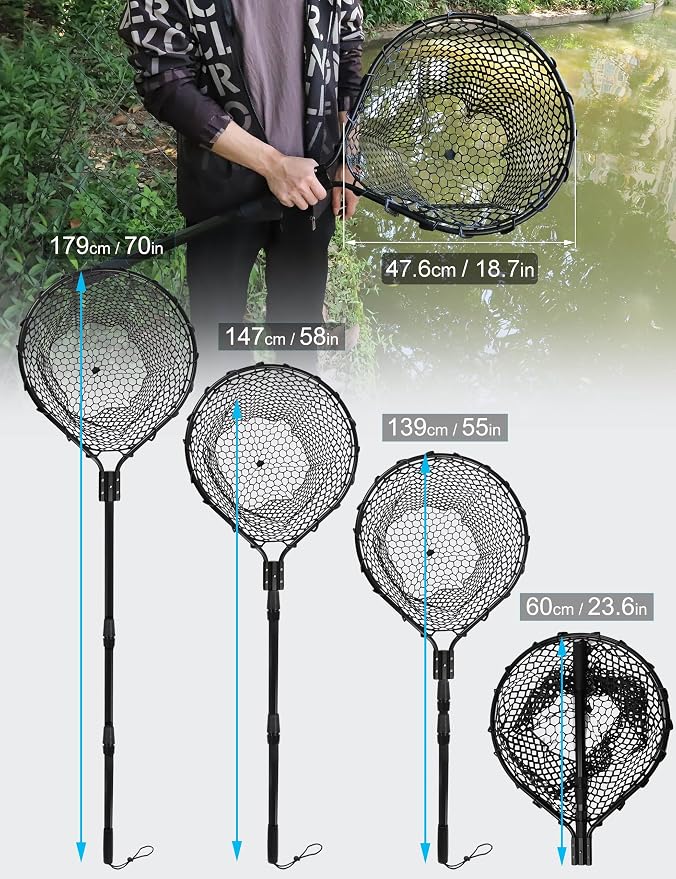 Hlotmeky Extra Long Fishing Net - 70" Telescoping Handle Large Rubber Landing Net for Kayak, Pier & Boat - Foldable Heavy Duty Saltwater Net - Catch & Release Snag-Free Mesh for Large Fish