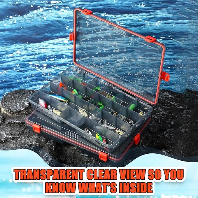 Wonderjune 12 Pack Fishing Tackle Boxes Waterproof 3600 and 3700 Tackle Trays with Removable Dividers Plastic Storage Organizer Bait Vault Camouflage Box for Freshwater Saltwater (Orange,3600)