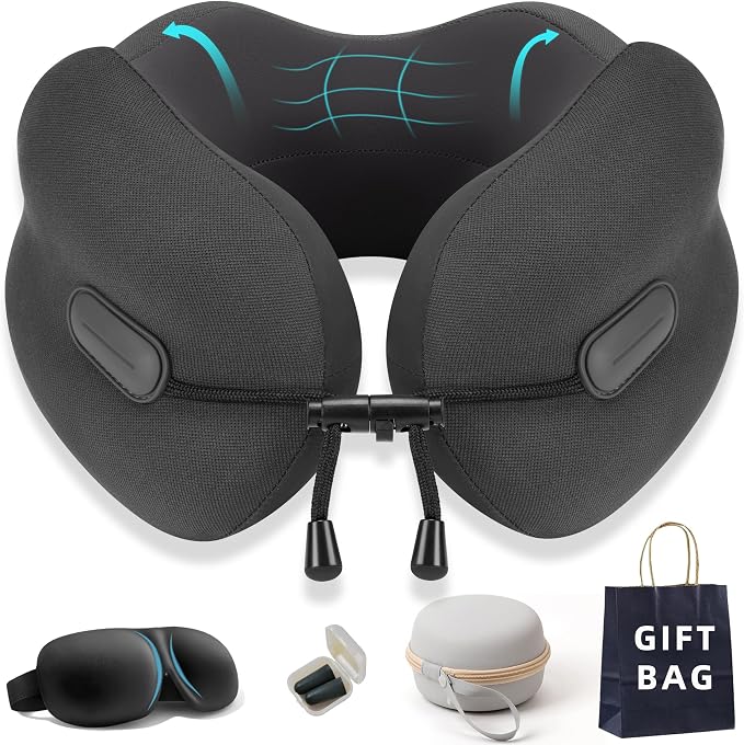 Ergonomic Travel Neck Pillow for Airplane, Memory Foam Support for Long Haul Flight Headrest, Soft Compact U Shaped for Adult Women Plane Sleeping, Portable Carry Box, Eyemask, Earplugs, Size S