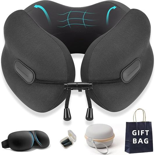 Ergonomic Travel Neck Pillow for Airplane, Memory Foam Support for Long Haul Flight Headrest, Soft Compact U Shaped for Adult Women Plane Sleeping, Portable Carry Box, Eyemask, Earplugs, Size S