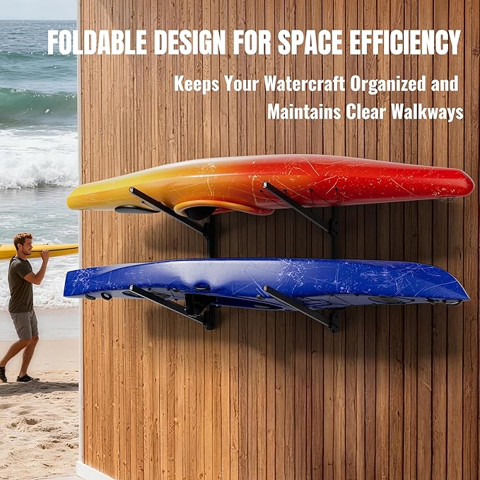 2-Tier Foldable Kayak Wall Mount Rack - Heavy Duty Steel Storage Hanger for Garage, Holds Kayaks, Canoes, Paddleboards - Space-Saving Swing-Away Design (Black)