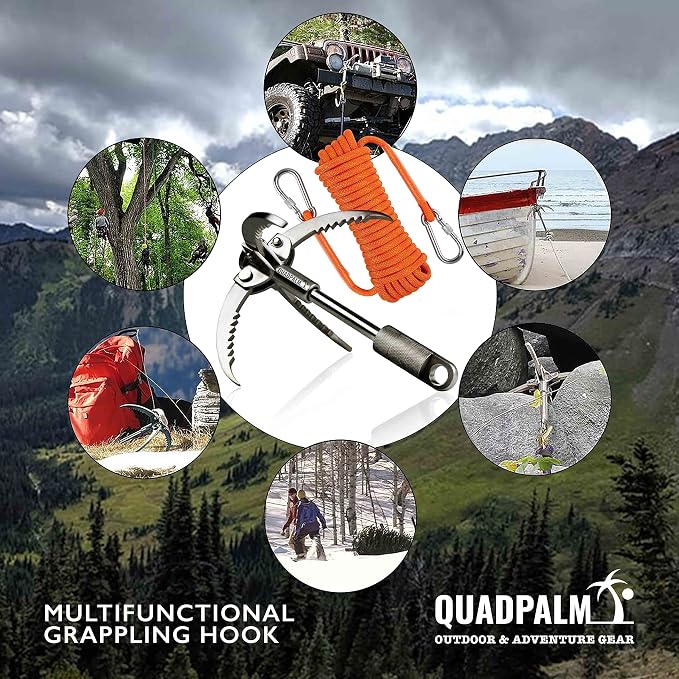 Grappling Hook and Rope 10M (32ft) - Multifunctional Heavy Duty Survival Hook - 4 Stainless Steel Folding Claws - Survival Gear - Outdoors Camping Hiking