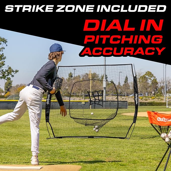 GoSports 7 ft x 7 ft Baseball & Softball Nets - Red, Black, Drip or PRO - Practice Hitting & Pitching Net with Bow Type Frame, Carry Bag and Strike Zone, Great for All Skill Levels