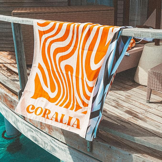 Coralia & Co. Large Microfiber Beach Towel - Quick Dry, Sand-Free, Lightweight with Convenient Storage Pouch (Coral Waves)