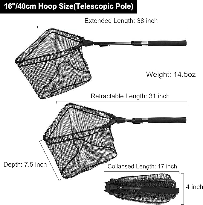 PLUSINNO Fishing Net Fish Floating Landing Net, Kayak Nets with Fixed Foldable Telescopic Pole Handle, Bass Trout Fishing Nets with Nylon Mesh for Pond Lake River, Fishing Gear Gifts for Men Anglers