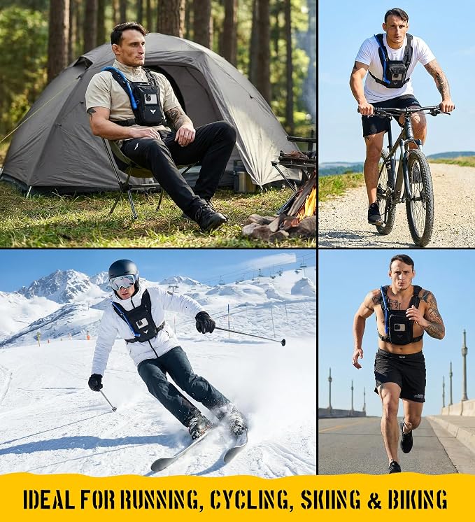 Elite Hydra Running Chest Pack w/ Gun Holster, Phone Holder Touch Friendly, Camera Pocket for Men/Women Lightweight Hydration Vest Chest Rig w/ Water Bladder for Marathon, Cycling, ADV Camping, Skiing