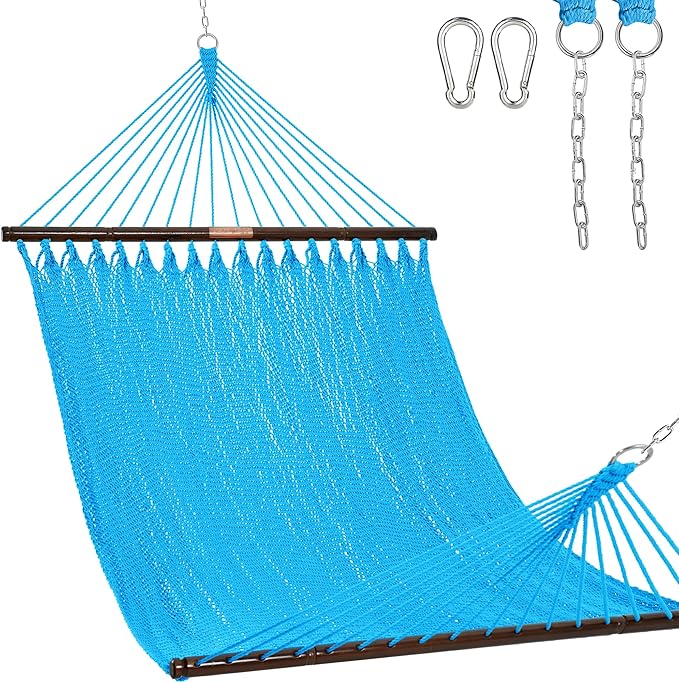 Lazy Daze Hammocks 10.5 FT Double 2 Person Caribbean Rope Hammock, Hand Woven Polyester Hammock with Spreader Bars, for Outside Outdoor Backyard Patio Poolside, 450 LBS Capacity, Sky Blue