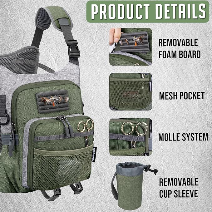 QulayQualy Fly Fishing Pack - Chest Pack with Work Station Lightweight Tackle Fishing Bag with Quick-Release (Green, L-12'' w/Cup Sleeve)