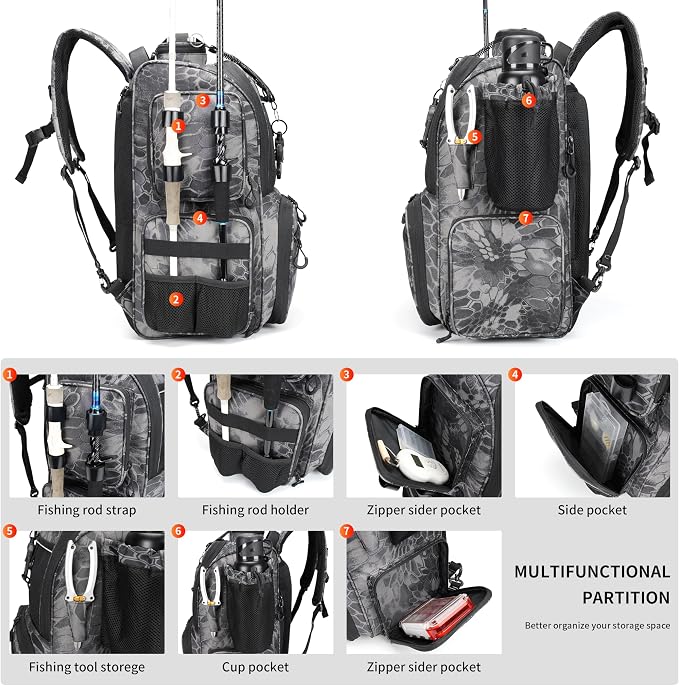 Rabjen Fishing Tackle Backpack with Rod Holders, Bottle Holder, Storage Bag Store Fishing Gear