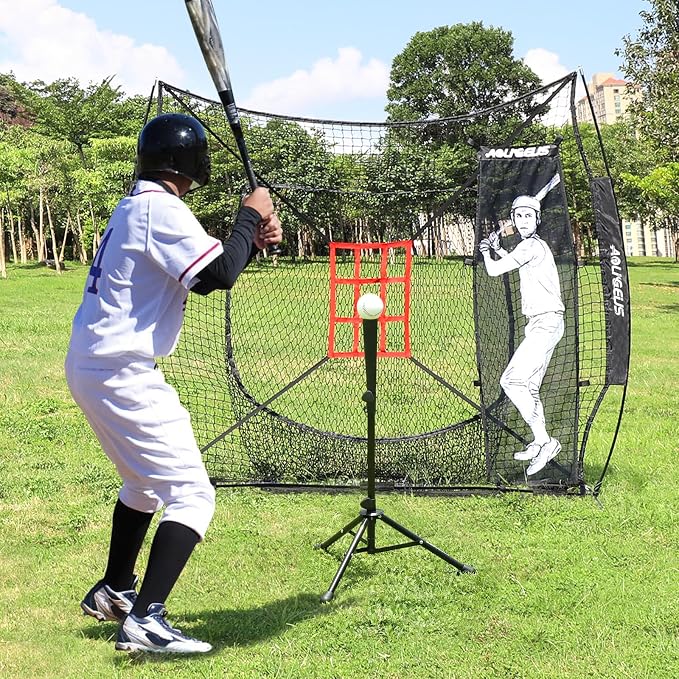 7'X7' Baseball Softball Practice Net,Pitching Net,Batting Net,with Baseball Tee,Bonus Strike Zone and Bow Frame,for Hitting,Pitching, Catching