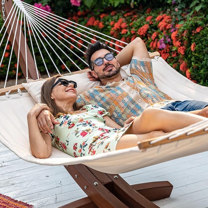 Lazy Daze Hammocks 10.5FT 2 Person Double Quilted Fabric Hammock with Spreader Bar, Detachable Pillow, Side Pocket, Carabiners, Chains, Straps for Outdoor, 450lbs Capacity, Beige