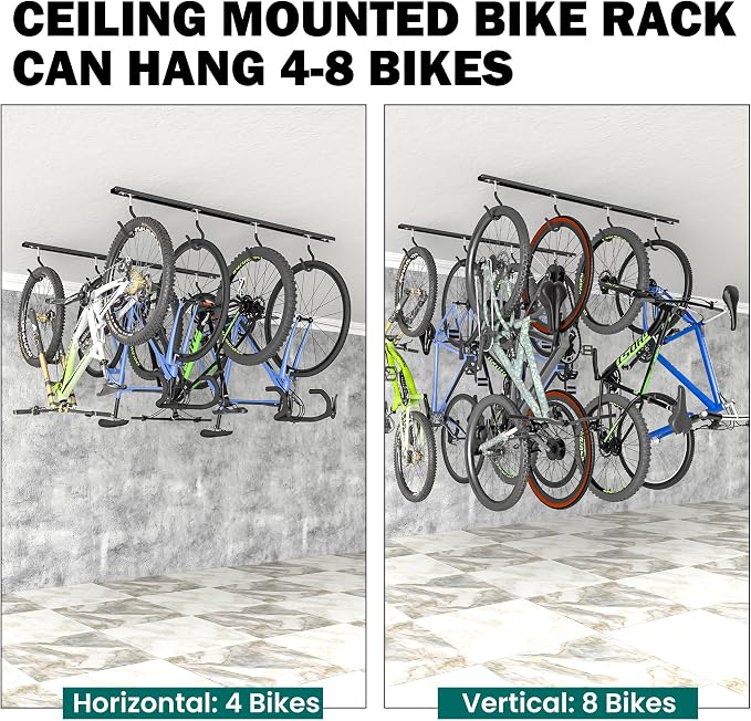 EVERHANGER Ceiling Bike Storage Racks for Garage, Indoor Bike Storage Hanger with Adjustable Bike Hooks for 4 to 8 Bikes