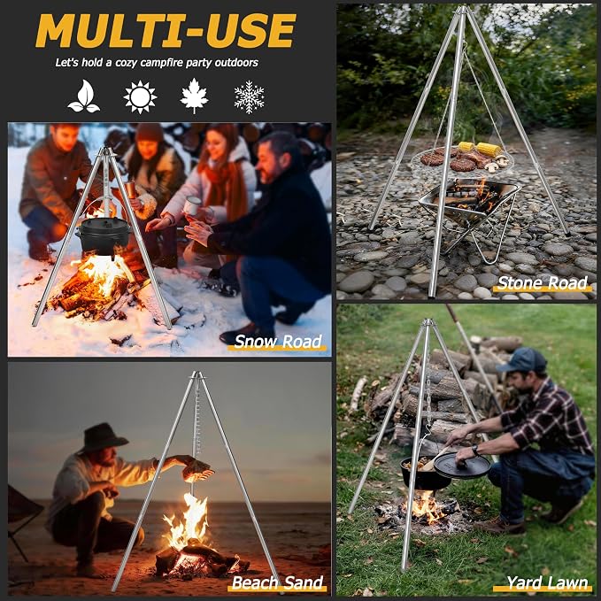 Stainless Steel Campfire Tripod for Cooking, HaSteeL Camping Tripod Grill with 17” Folding Grate, Heavy Duty Openfire Stand Hanger for Outdoors Beach Firepit BBQ, Detachable Handle, Adjustable Height