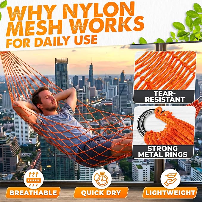 Mesh Hammock - Loop & Lounge Between Two Trees, Rope Hammocks for Outside Camping - No Stand Needed, 220 lb Capacity, Lightweight 13 oz Nylon Net Bed for Backyard Garden Patio Beach Travel, Orange