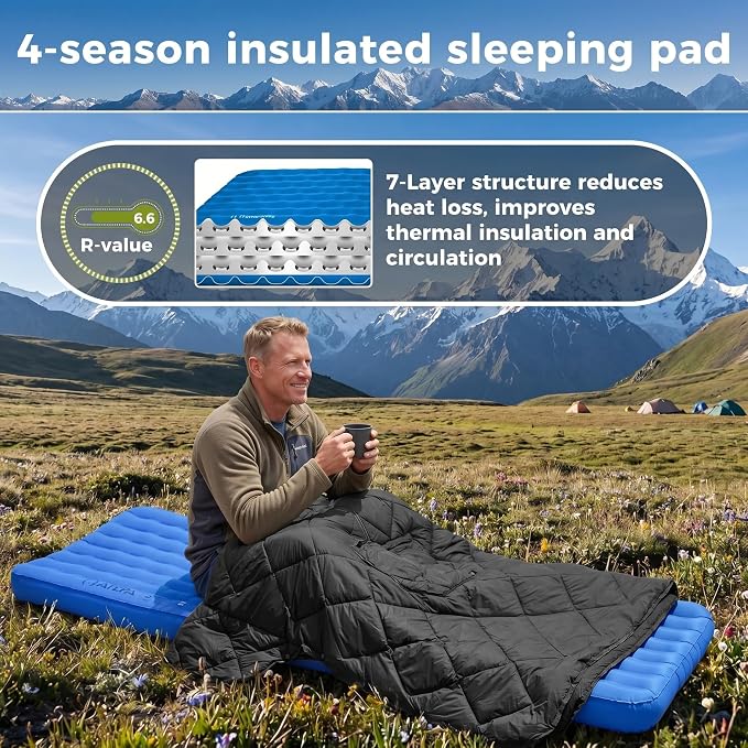 ATEPA ThermAir Pro Insulated Sleeping Pad for Backpacking, 6.6 R-Value 4” Thick Ultralight Quiet Camping Air Mattress with Pump Sack, Wide Long 77”x25”, 4-Season Sleeping Mat for Hiking Travel