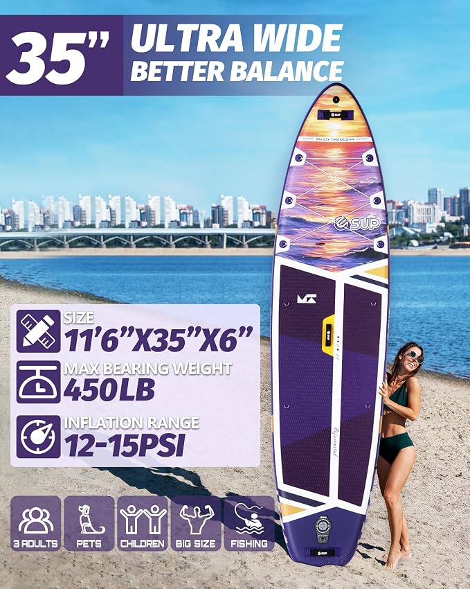 ESUP Extra Wide Inflatable Paddle Board 11’6" ×34/35" ，Super Stable Stand Up Paddleboards for 2 Person/Family/Large Size, Inflatable SUP with Paddle, Pump & Shoulder Strap