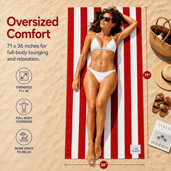 Oversized Microfiber Beach Towel 71x36 Inch, Quick Dry Sand Free Travel Towel, Lightweight Sueded Beach Blanket for Pool, Camping, Yoga & Beach Trips (Red/White)