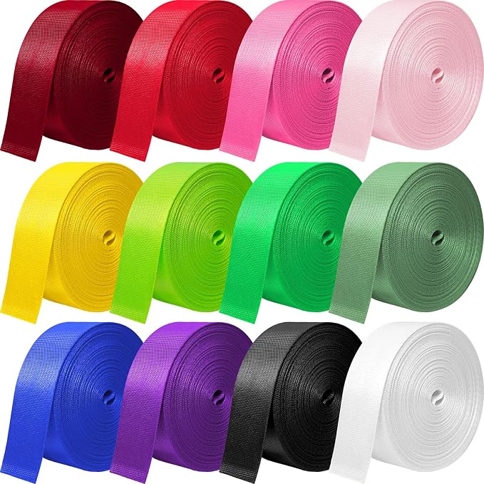 Nylon Webbing 1 Inch 1.5 Inch, 12 Rolls Webbing Strap for Bags, Pets, Climbing Outdoors Indoors Crafting DIY