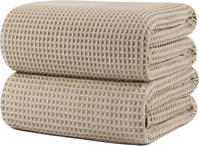 POLYTE 430 GSM Microfiber Quick Dry Lint Free Bath Sheet, 70 x 35 in, Set of 2 (Waffle Weave)