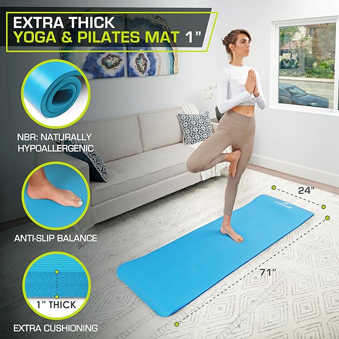 ProsourceFit Extra Thick Yoga and Pilates Mat 1/2” (13mm) or 1" (25mm), 71-inch Long High Density Exercise Mat with Comfort Foam and Carrying Strap