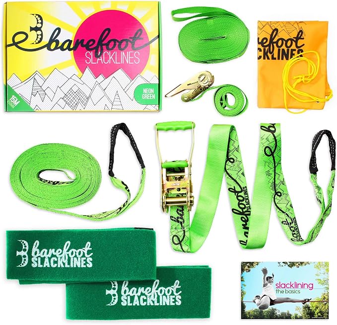 Barefoot Slackline Kit 60ft (18m) Complete Set Including, Ratchet, Training Line, Bark Protectors & Instructions! Designed for Both Kids & Adults - 3 Colors Available (Neon Green)