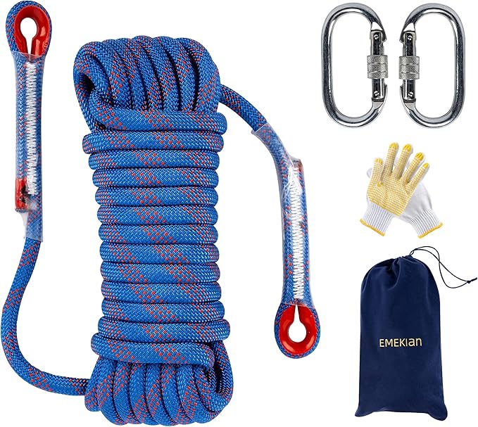 Indoor Outdoor Climbing Rope, 10/12/14mm (32FT/49FT/65FT/98FT) Static Rock Climbing Rope for Escape Rope, Ice Climbing Equipment, Fire Safety Rescue Rope, with Non Slip Gloves