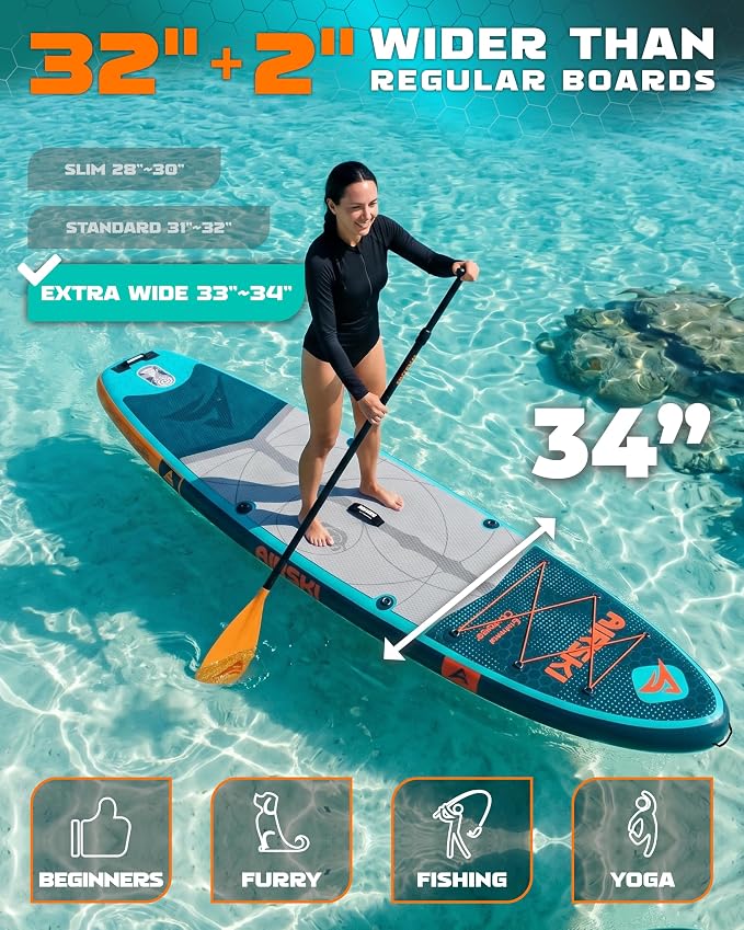11'x34'' Extra Wide Inflatable Paddle Board, Stand-up Paddleboard for Adults, 420lb Capacity, Anti-Slip EVA, Stand-up Paddle Board for Yoga/Fishing/Family, US Fin, High-Pressure Pump, 100L Bag