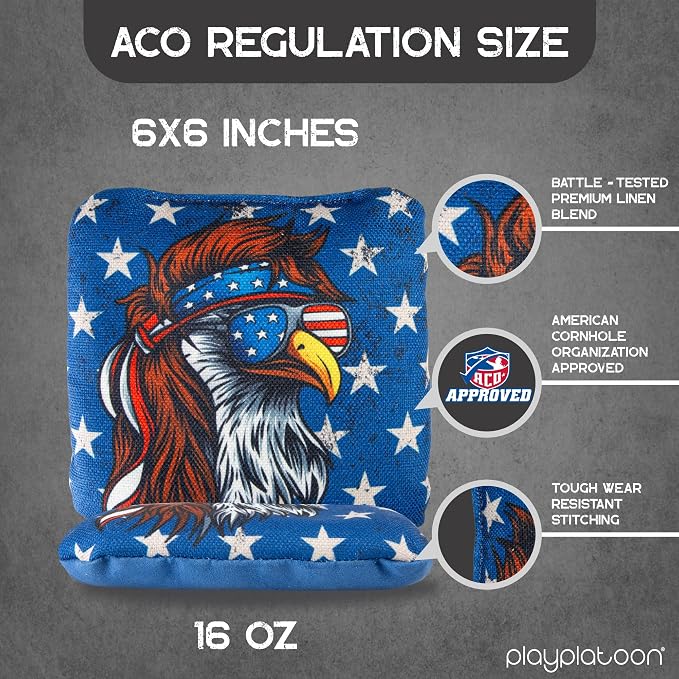 Play Platoon Cornhole Bags Set of 8 Regulation Professional Corn Hole Bean Bags ACO Approved, Competition Weight, Slick and Stick