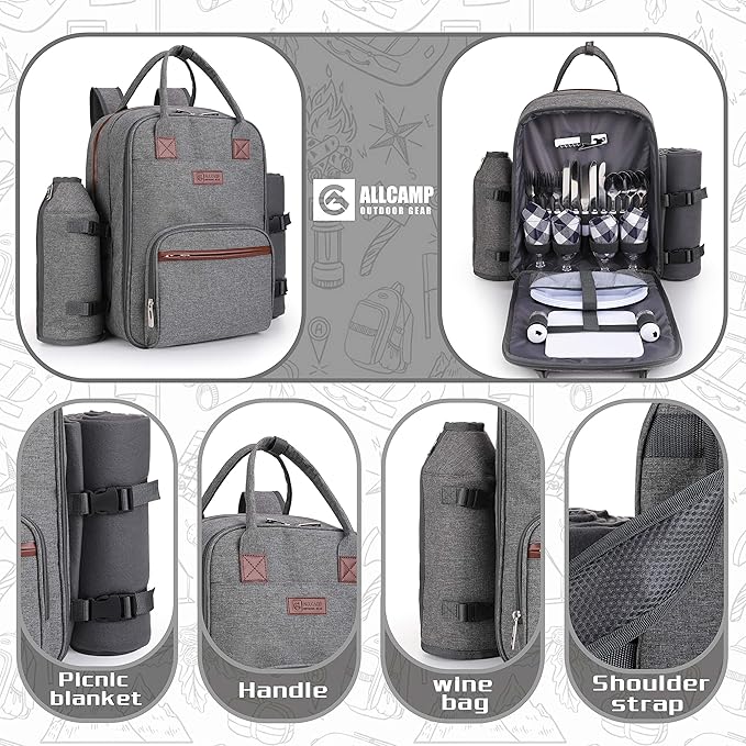 ALLCAMP OUTDOOR GEAR Picnic Backpack for 4 Person W/ Detachable Wine Holder, Insulated Food Compartment and Picnic Cutlery for Family Outdoor Camping and Gift (Grey)