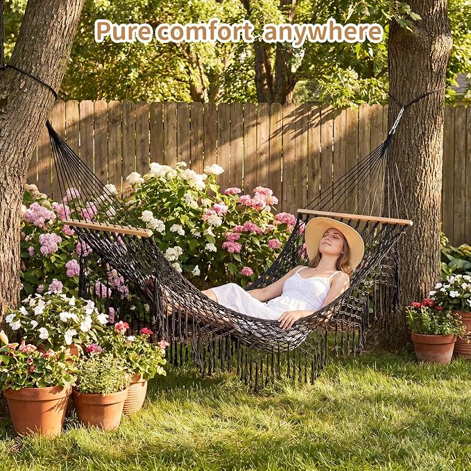 Hand Woven Cotton Rope Hammock, 10 ft Hammock for Patio Garden Yard Porch Camping Beach Indoor Outdoor Hanging Include Rope Straps, 450lb Capacity(Black)