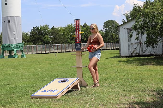 CornholeAce Elite Cornhole Scoreboard 3ft or 5.5ft Tall Hardware Free Stand with UV Printed Score Panel 0 to 21 Phone Tablet Scorekeeping Area Livestream Shelf 2 Drink Holders