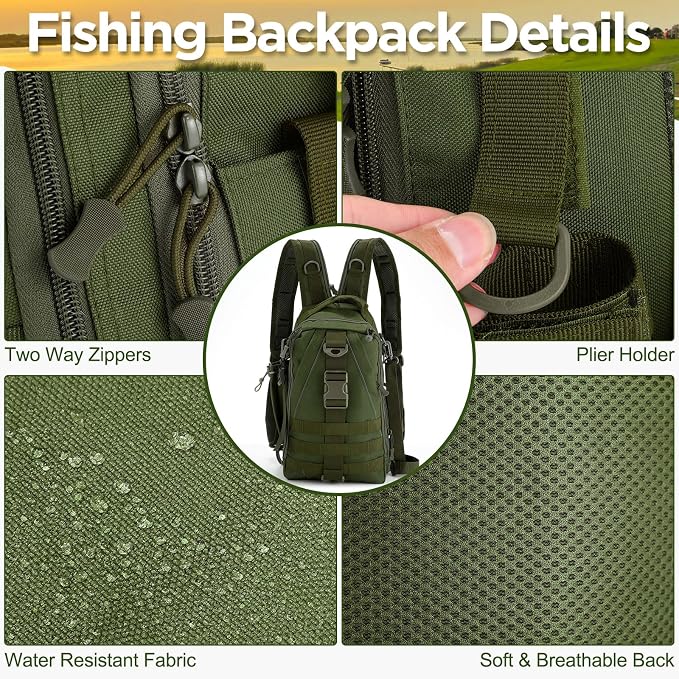RoundFunny 85 Pcs Fishing Backpack with Tackle Boxes, Tackle Sling Bag with Rod Holder, Fish Lures and Pliers, Fish Tools Gears & Equipment Father's Day Fishing Gift for Dad Men