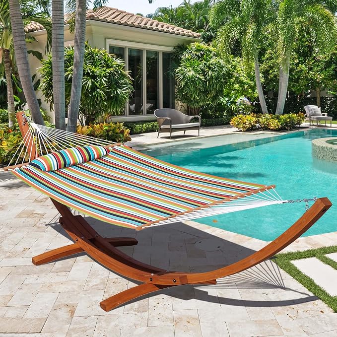Lazy Daze Hammocks 12 FT Sunbrella Fabric Hammock Non-Fading with Spreader Bars and Free Pillow Fits for 2 Persons, All Weather and Fade Resistant for Patio Yard, 450 lbs Capacity, Carousel Confetti