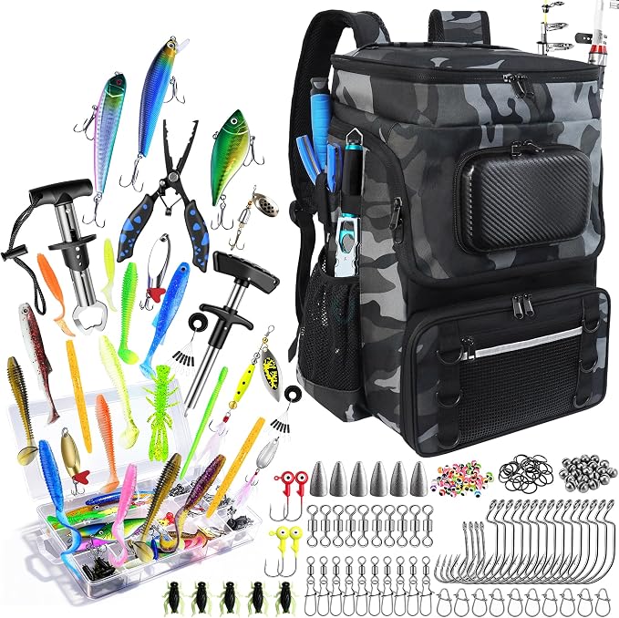 Fishing Backpack with Rod Holder and Tackle Boxes, Cooler, Large 50L Fishing Gear Bag with 139 Fishing Lures Kit, Fish Tool Set, Fish Gifts for Men Woman-Grey Backpack