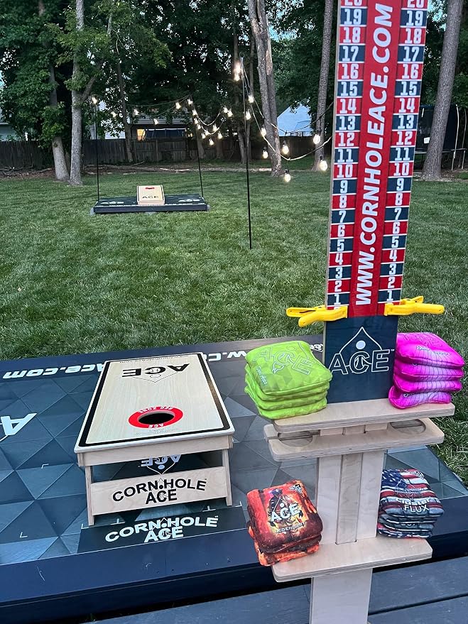 CornholeAce Elite Cornhole Scoreboard 3ft or 5.5ft Tall Hardware Free Stand with UV Printed Score Panel 0 to 21 Phone Tablet Scorekeeping Area Livestream Shelf 2 Drink Holders