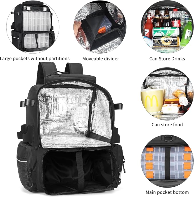 Rabjen Fishing Tackle Backpack, 45L Storage Waterproof Travel Bag Store Fishing Gear with Insulated Top Pocket