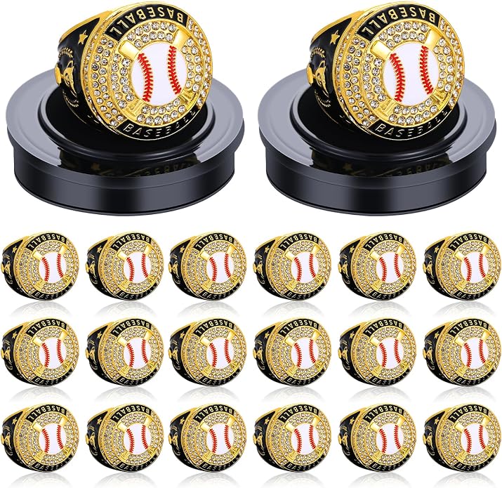 Highergo 20 Pcs Baseball Softball Basketball Football Champion Rings with Display Neck Chain and Stand Volleyball Soccer Cheer Trophy Rings Bulk for Tournament Award Gift