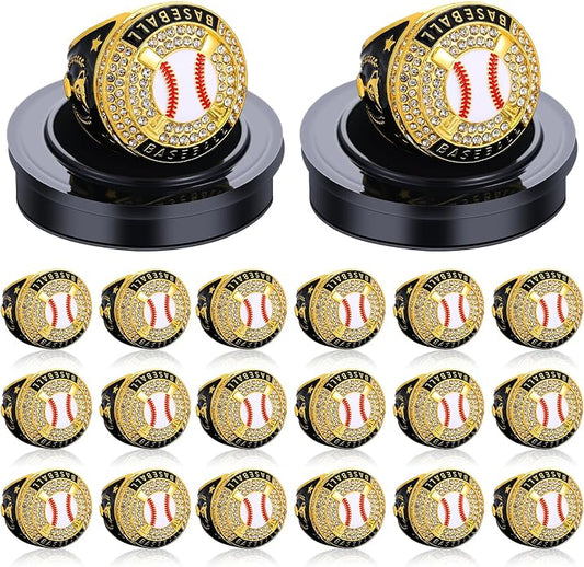 Highergo 20 Pcs Baseball Softball Basketball Football Champion Rings with Display Neck Chain and Stand Volleyball Soccer Cheer Trophy Rings Bulk for Tournament Award Gift