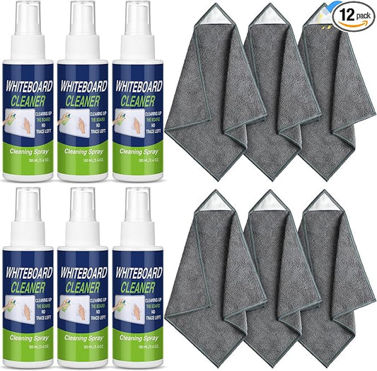 Fuyoooo 12 Pcs Whiteboard Cleaner Spray Dry Erase Board Cleaner with Magnetic Cloth White Board Cleaning Spray Removes Stubborn Marks from Whiteboards Chalkboard(100ml)