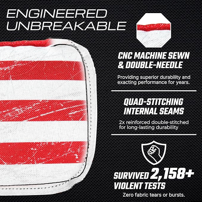 Professional Cornhole Bags Set of 8 - Dual Sided Stick & Slide (Suede/Woven) - Premium Resin Filled Regulation Weight & Size (6x6, 16oz) - Double Stitched Reinforced Seams with Carry Tote