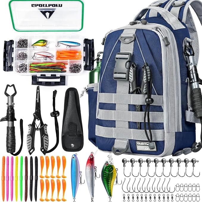 Ghosthorn Fishing Backpack with Tackle Boxes Fish Lip Gripper Pliers Lures Waterproof Tackle Bag with Rod Holder Fishing Gear